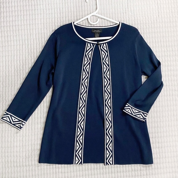 Grace Knit‎ Dressing Cardigan Navy Blue Geometric pattern - Picture 1 of 6